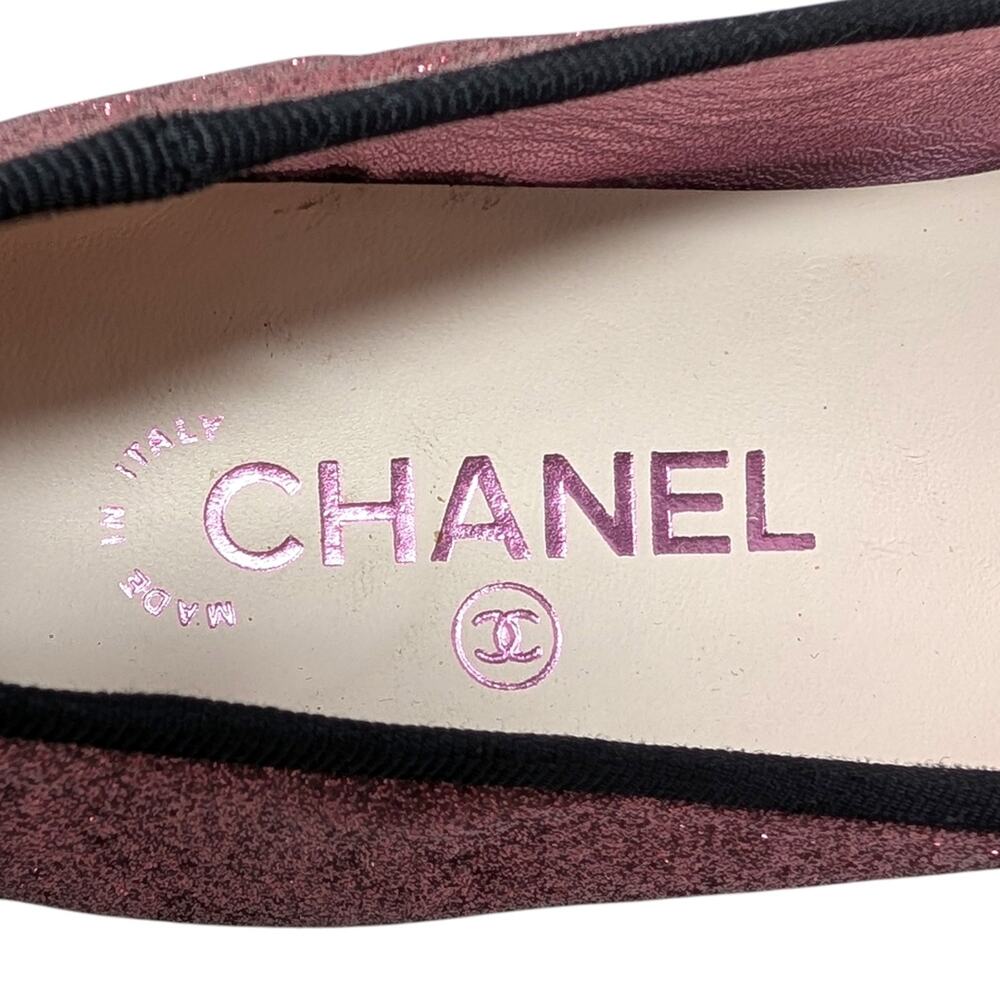 Chanel Ballet Block Heel Pumps Pink Glitter Grosgrain Cap Toe CC Logo 37.5 | 7 - Picture 9 of 13